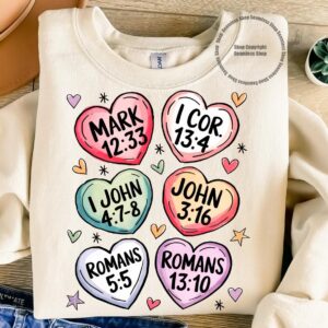 Six Conversation Heart designs with bible verses in each