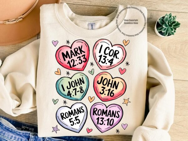 Six Conversation Heart designs with bible verses in each