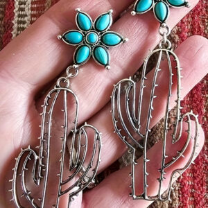 Metal cactus earrings with turqouise flowers on top