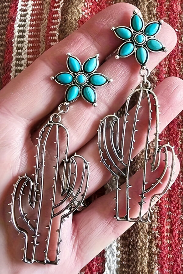 Metal cactus earrings with turqouise flowers on top