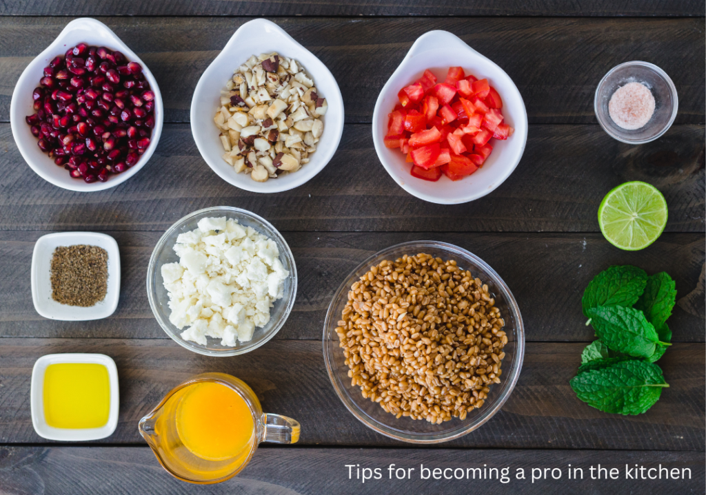 A picture of mise en place (everything in its place) with the words "tips for becoming a pro in the kitchen.