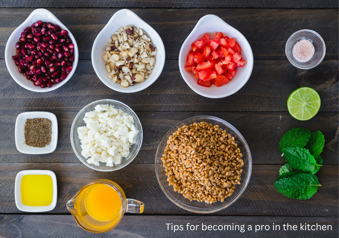A picture of mise en place (everything in its place) with the words "tips for becoming a pro in the kitchen.